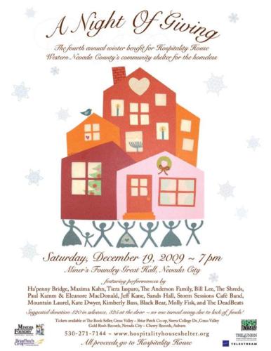 Poster for A Night Of Giving benefit for Hospitality House Homeless Shelter of Nevada County